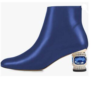 Blue Women Round Toe Crystal Low Heel Ankle Boots Fashion Side Zipper Shoes